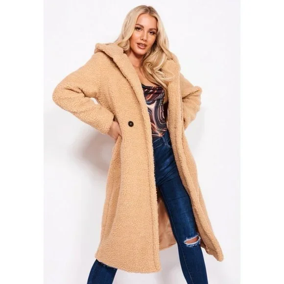 Camel Long Sleeve Hoodie Hooded Long Maxi Borg Teddy Bear Fur Coat - Picture 11 of 16